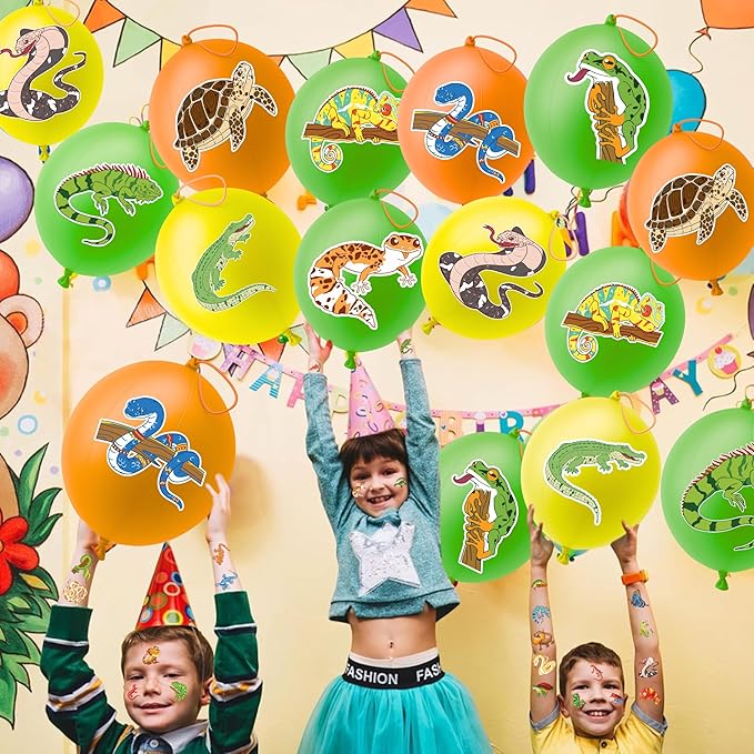72 PCS Reptile Party Favors for Kids – 48 Pre-Cut Temporary Tattoos & 24 Reptile Punch Balloons Themed Birthday Party Decorations Supplies Favors Gifts, Goodie Bag Fillers, Classroom Rewards