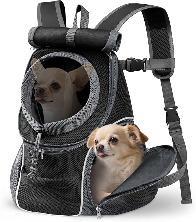 YUDODO Dog Front Carrier Backpack with Sunshade Hood, 2 Head-Out (Front & Side) Breathable Pet Carrier for Small Dogs, Ventilated Lightweight Doggy Backpack for Hiking Outdoor (Upgraded – Black, L)