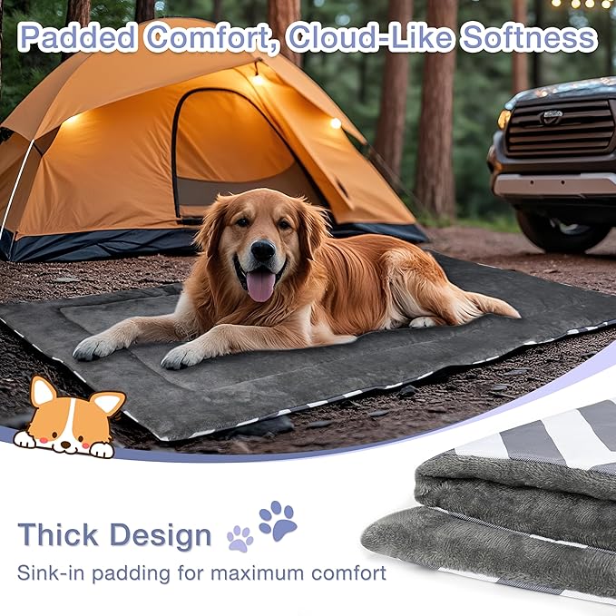 Kritter Planet Waterproof Foldable Dog Bed Pad for Camping & Travel, Portable Roll-Up Dog Bed Car Seat Pet Cushion Mat with Handles for Small & Medium Dogs, Indoor & Outdoor Use, Grey Chevron Striped