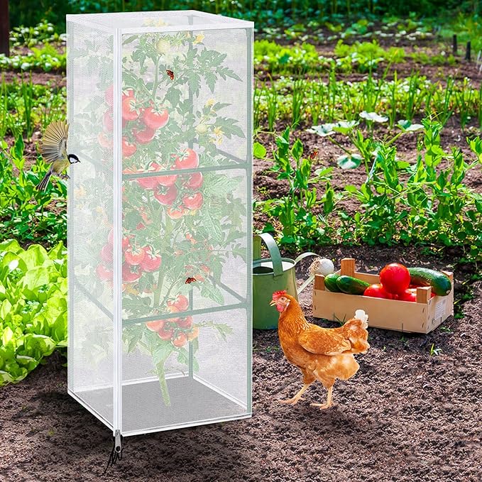 3 Pcs Garden Bird Netting Plant Cover for Square Tomato Cage, 59" x 17.7" Insect Bird Barrier Tomato Cage Net with Zipper & Drawstring, Tomato Trellis Netting Protection Cover for Protecting Plants
