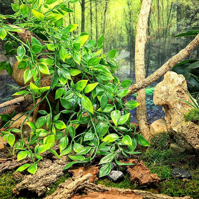 HERCOCCI Reptile Plants, 2 Pack Terrarium Hanging Plants Vines Artificial Leaves Habitat Decorations with Suction Cup for Bearded Dragon Hermit Crab Lizard Snake Geckos Chameleon