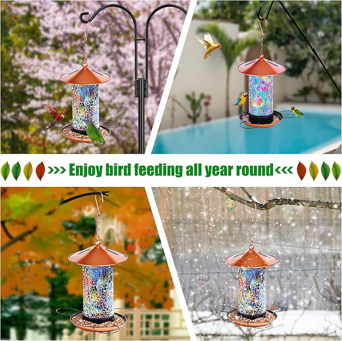 Ottsuls Solar Bird Feeder for Outdoors Hanging, Luxury Mosaic Birdfeeder Metal Vintage Lantern, Unique Bird Lovers Garden Gift for Mom,Dad, Grandma,Birthday