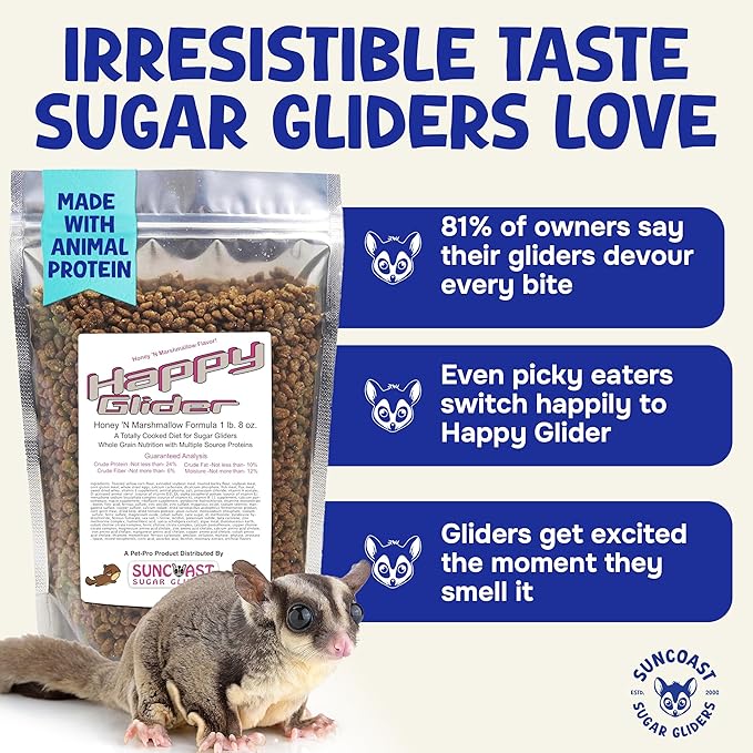 Happy Glider Premium Sugar Glider Food - High Protein, Calcium and Vitamins, Complete Nutrition for Small Animals & Exotic Pets, 2 Months Supply - Honey & Marshmallow, 3 lbs