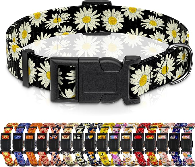 Dog Collar, Daisy Boys Girls Puppy Collar for Small Medium Large Dogs, Adjustable Soft Floral Pet Collar with Safety Buckle for Male Females(Black Daisy,XS)