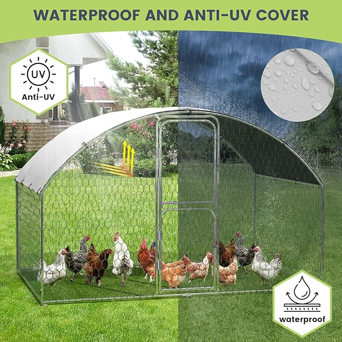 Large Metal Chicken Coop Run,Outdoor Walk-in Cage Peak Hen House with Waterproof and Anti-Uv Cover,Dome Roof Hen House with Security Lock for Outdoor,Backyard and Farm, 9.8 x 6.5 x 6.5 ft
