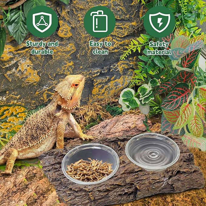 PINVNBY Double Gecko Feeder Bowl Resin Rock Reptile Water Dish with Feeding Cups Gecko Reptile Terrarium Tank Accessories for Bearded Dragons Leopard Lizard Snake Chameleon