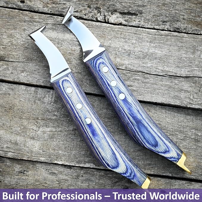 Premium Farrier Loop & Hoof Knife with Brass End – Professional Hoof Trimming Tool for Horses, Cows & Livestock, Stainless Steel Blade, Ergonomic Wood Handle (Blue)
