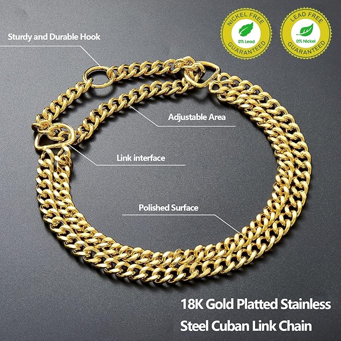Stainless Steel & 18K Gold Dog Chain Collar - Adjustable, Chew Proof, Cuban Link, Double Row, Metal, Walking Collar for Large, Small, Medium Dogs (S 12" -16")