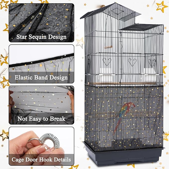 JULMELON 2Pcs Adjustable Bird Cage Seed Catcher(Black) Birdcage Nylon Mesh Cover Twinkle Star Universal Birdcage Cover for Parakeet Round Square Cage with Spring Hook