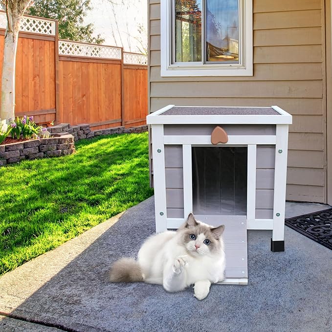 Rockever Outdoor Cat House,Outdoor cat Houses for Feral Cats Weatherproof Rabbit Hutch Small, Wooden Small Pet House and Habitats-Grey