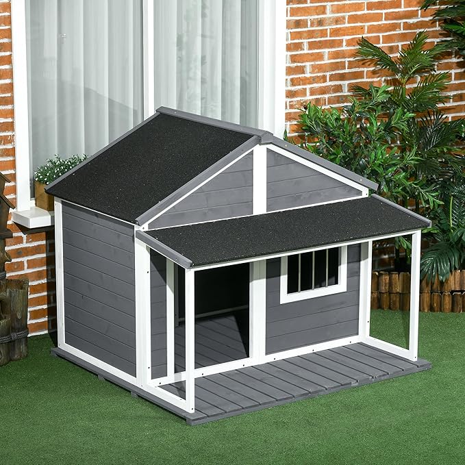 PawHut Outdoor Dog House Cabin Style, Wooden Raised Pet Kennel with Asphalt Roof, Front Door, Side Window, Porch for Medium and Large Dogs, Gray