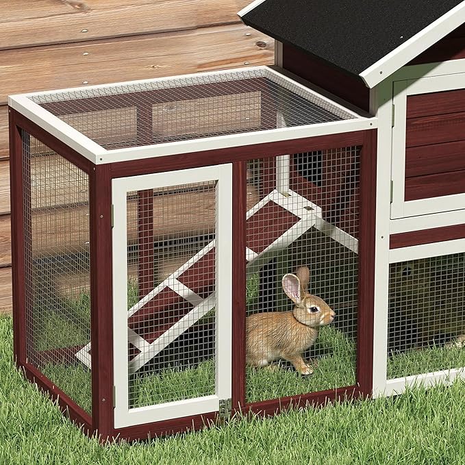PawHut 48" Wooden Rabbit Hutch Bunny Cage with Waterproof Asphalt Roof, Fun Outdoor Run, Removable Tray and Ramp, Brown