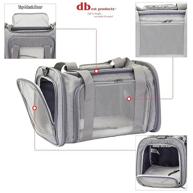 dbest products Pet Smart Cart Sport, Soft Sided Collapsible Cat Carrier Airline Approved with Mesh Panels and Easy Side/Top Loading, Grey