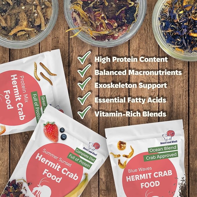 Snout and Shell Hermit Crab Food Variety Pack – Blue Waves, Protein Mix & Summer Sunset – High-Protein Whole Food Diet with Seafood, Seeds, Fruits & Flowers – Natural Foraging Blend for Healthy Crabs