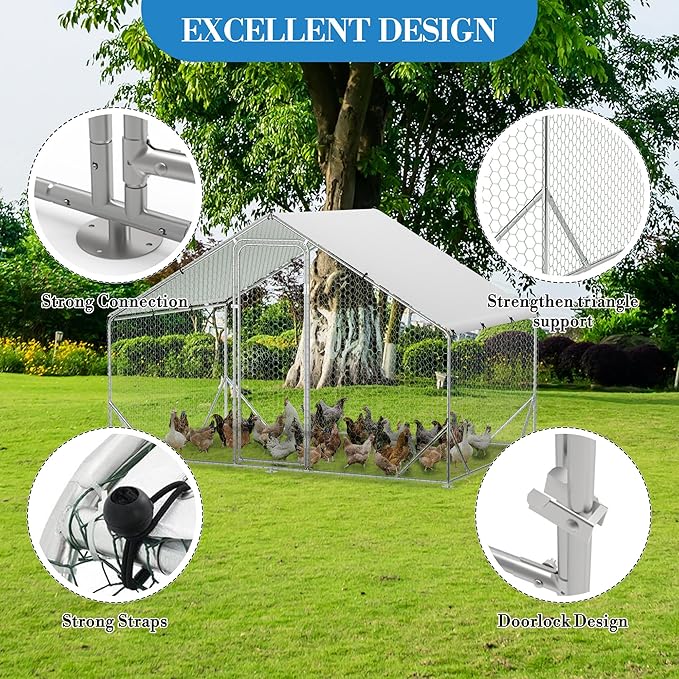 Large Metal Chicken Coop Run,Outdoor Walk-in Cage Peak Hen House with Waterproof and Anti-Uv Cover,Spire Roof Hen House with Security Lock for Outdoor,Backyard and Farm, 9.8 x 6.5 x 6.5 ft