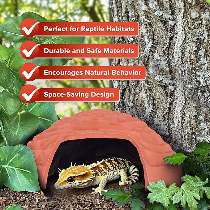 Corner Reptile Cave - Natural-Look Hide for Lizards, Snakes, Bearded Dragons, Turtles, and Tortoises - Durable Habitat Decor - Terracotta