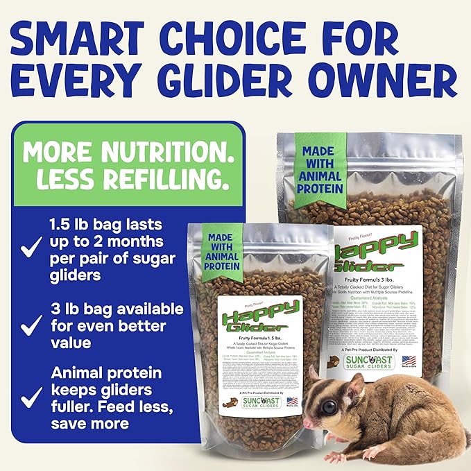 Happy Glider Premium Sugar Glider Food - High Protein, Calcium, Vitamins and Minerals, Complete Nutrition for Small Animals and Exotic Pets, 2 Months Supply - Fruity, 1.5 lbs