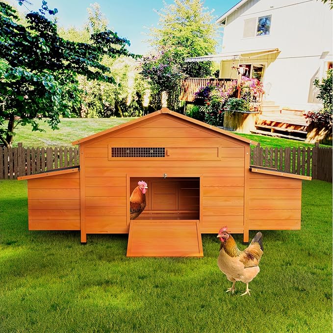 Large Wooden Chicken Coop for 3-4 Chickens – Outdoor Hen House with Nesting Box, Perch, Pull-Out Tray, Waterproof Roof & Predator-Proof Lock, Ventilated Weatherproof Chicken Cage Natural