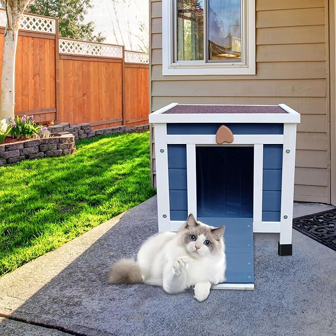 Rockever Outdoor Cat House,Outdoor cat Houses for Feral Cats Weatherproof Rabbit Hutch Small, Wooden Small Pet House and Habitats-Blue