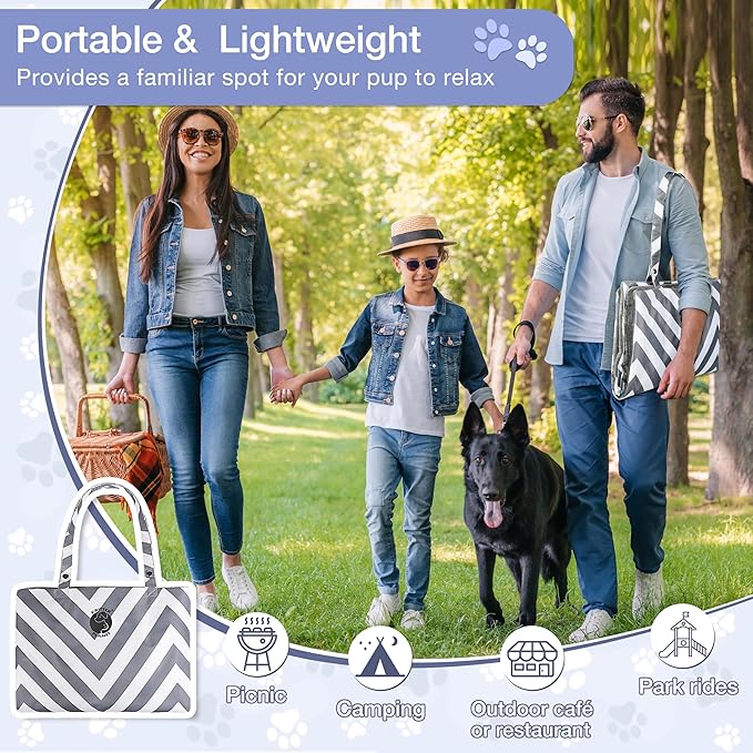 Kritter Planet Waterproof Foldable Dog Bed Pad for Camping & Travel, Portable Roll-Up Dog Bed Car Seat Pet Cushion Mat with Handles for Small & Medium Dogs, Indoor & Outdoor Use, Grey Chevron Striped