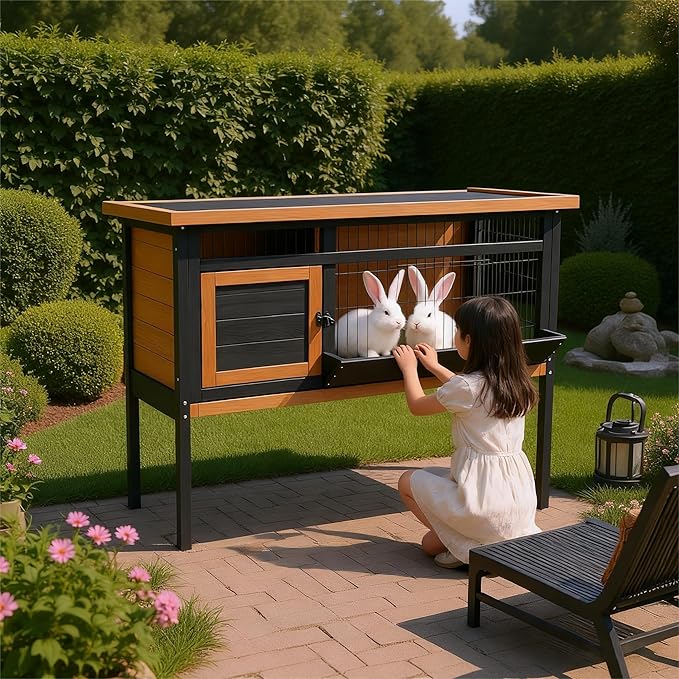 Rabbit Hutch Outdoor, Rabbit Hideout, Bunny Hideout,Bunny House for Guinea Pigs & Hamster, Wooden Chicken House with Deep Pull-Out Tray, Waterproof Chicken Coop for Outside (Orange Black)