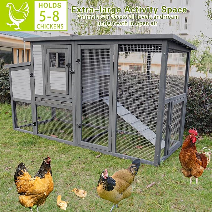79" Large Wooden Outdoor Chicken Coop with Double-Layer Winter Coop with Large Nest Box, Rainproof Roof and Removable Trays Outdoor Compatible, Suitable for Duck Coops and Rabbit Coops4-6 Chickens