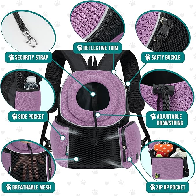 PetAmi Adjustable Cat & Dog Front Chest Carrier Backpack, Ventilated for Hiking & Camping, Max 10 lbs, Purple