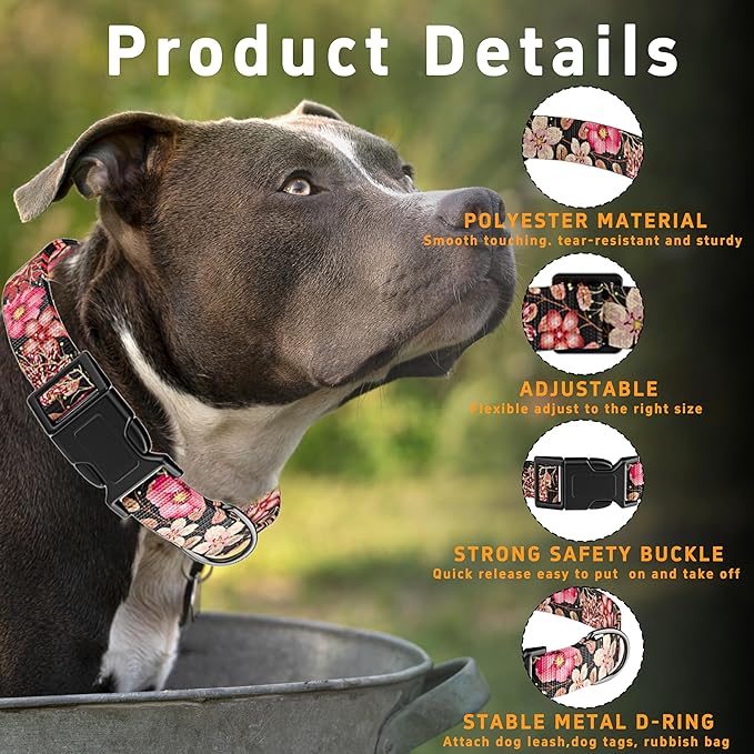 Dog Collar for Boys Girls, Flower Puppy Collar for Small Medium Large Dogs, Adjustable Soft Floral Pattern Pet Collar with Safety Buckle for Male Females(Red Floral,XS)