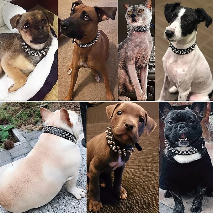 TEEMERRYCA Adjustable Microfiber Leather Spiked Studded Dog Collars with a Squeak Ball Gift for Small Medium Large Pets Like Cats/Pit Bull/Bulldog/Pugs/Husky, Black, M(12"-15")