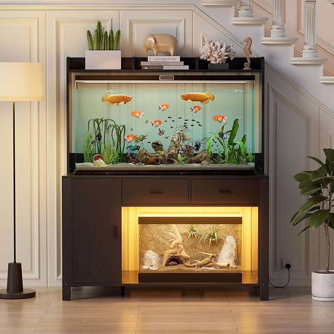 PAKASEPT 120 Gallon Reptile Tank Stand with LED Lights & Power Outlet,4x2x2 Large Reptile Terrarium Enclosure Stand with Storage Cabinet, for Bearded Dragons, Snakes, Lizards,Black