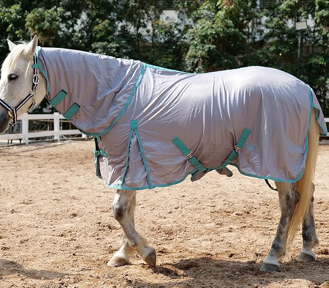 Horse Fly Sheet with Detachable Neck Cover & Belly Wrap, Adjustable Fly Sheet for Horses, Ventilated Airflow Mesh Equine Cooling Summer Flysheet Grey 66