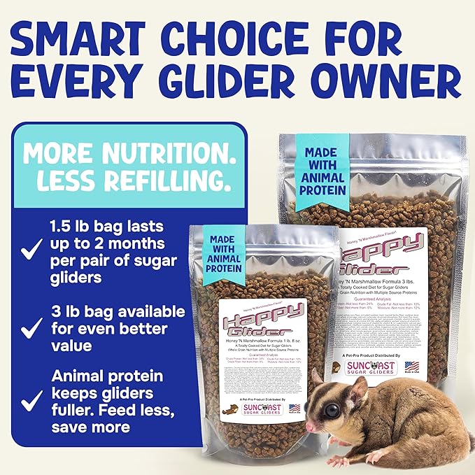 Happy Glider Premium Sugar Glider Food - High Protein, Calcium and Vitamins, Complete Nutrition for Small Animals & Exotic Pets, 2 Months Supply - Honey & Marshmallow, 3 lbs