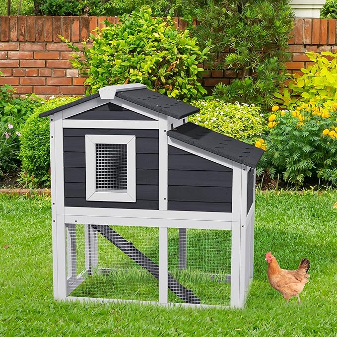 Wooden Chicken Coops with Nesting Boxes Indoor Outdoor, Small Chicken Coop for 2 Chickens, Bunny House Rabbit Hutch Poultry Pet Run Cage with Waterproof Roof, Stairs&Removable Tray