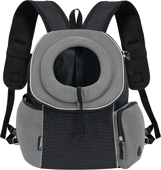 PetAmi Front Carrier Backpack for Dogs and Cats - Ventilated Adjustable Pet Chest Carrier for Hiking, Camping, Travel - Small to Medium Pets Up to 10 lbs - Grey