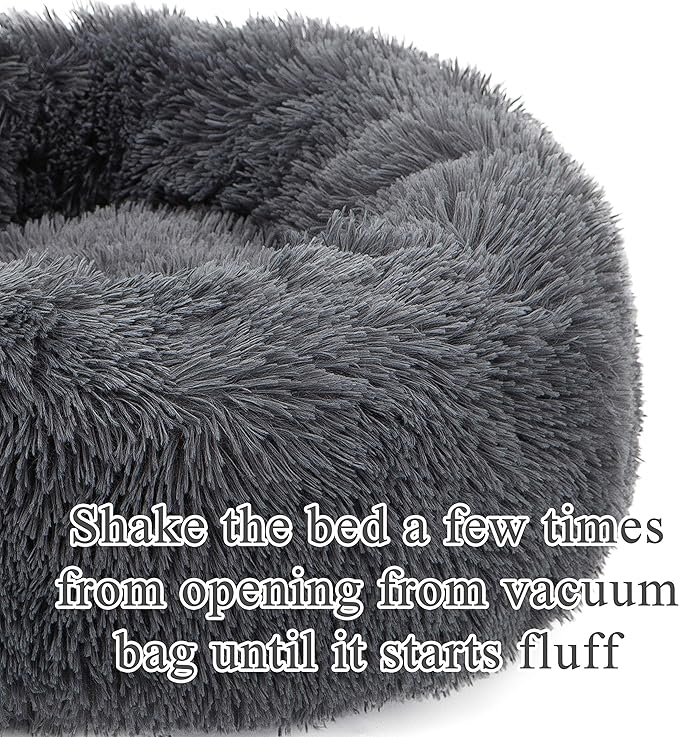 Calming Cat Bed, Soft Round Cuddler Dog Beds Fluffy Plush Faux Fur Pet Beds, Anit-Anxiety Self-Warming Comfy (20", Dark Grey)