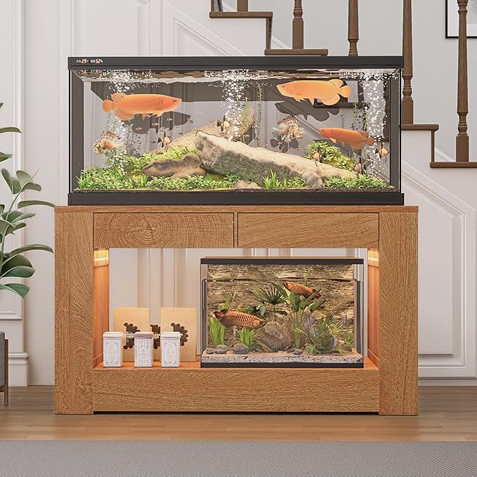 55–75 Gallon Aquarium Stand for Fish Tank & Turtle Tank, MDF Top & Drawers, Reinforced Metal Frame, LED Light, Power Outlets, 1000 lbs, 55.1”W × 18.5”D(Natural)