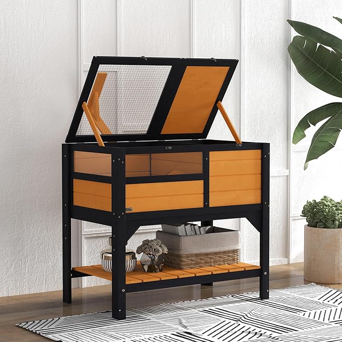 PawHut Tortoise Habitat with Shelf Storage, Tortoise Enclosure with Weather Protection, Reptile Enclosure with Tray, Light Support Frame, Yellow