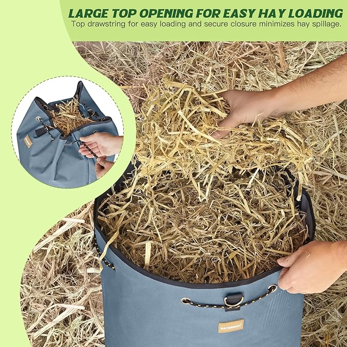 Hay Bags for Horses,4 Holes Slow Feeder Hay Bags for Goats,Sheep,Donkeys,Large Capacity Hay Feeder with Adjustable Top Opening for Easy Filling(Grey)