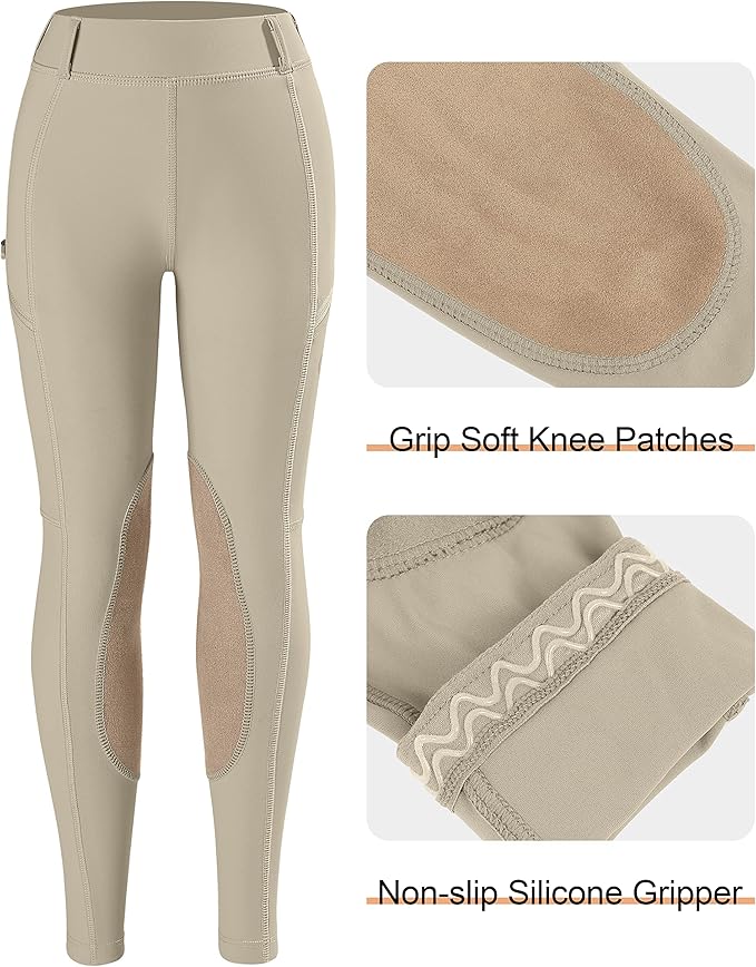 SANTINY Girls Horse Riding Pants with Zipper Pockets Kids Stretchy Equestrian Breeches Knee-Patch Youth Schooling Tights