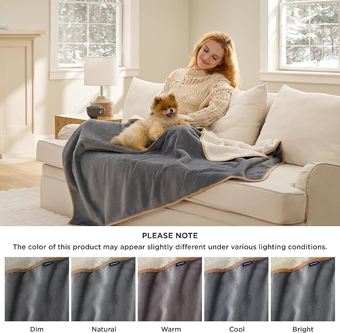 Bedsure Waterproof Blanket for Bed Intimacy- Sherpa Fleece Waterproof Dog Blankets for Large Dogs, Pet Blankets for Bed/Couch, Soft Plush Reversible Furniture Protector, Queen Size, 90"x86", Grey