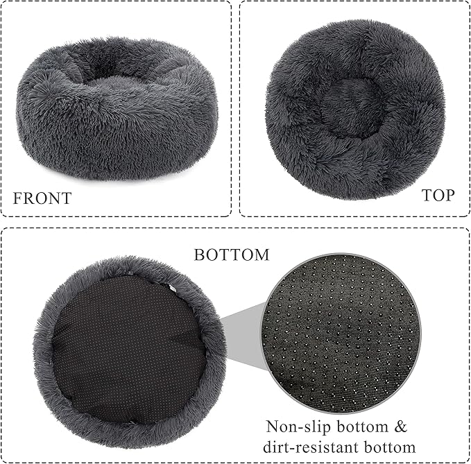 Donut Bed Medium Size Dog, Calming Soft Round Cuddler Dog Beds Fluffy Plush Faux Fur Pet Beds (24", Dark Grey)