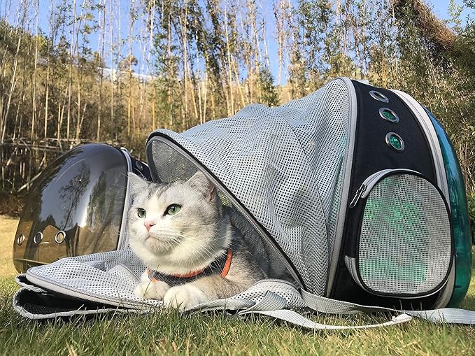 halinfer Tinted Blue Cat Backpack, Expandable Space Capsule Polarized Pet Carrier for Kitten Bunny Small Dog, Pet Carrying Hiking Traveling Backpack
