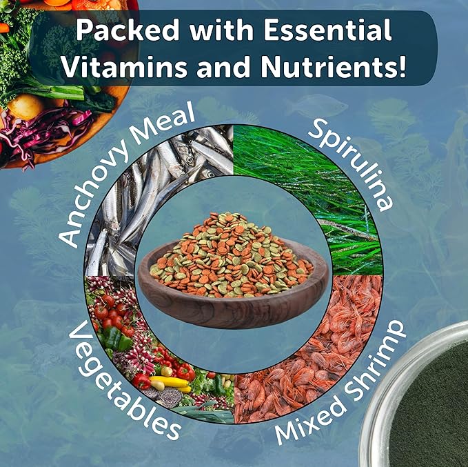 Aquatic Foods Inc. 3.5mm - 1/8" Sinking Wafers of Spirulina, Algae & Color Enhancing Wafers for Bottom Fish, Shrimp, Snails, Tropicals. 4-Type Wafer & 12-Type Pellets Included...1-lb 6oz Canister