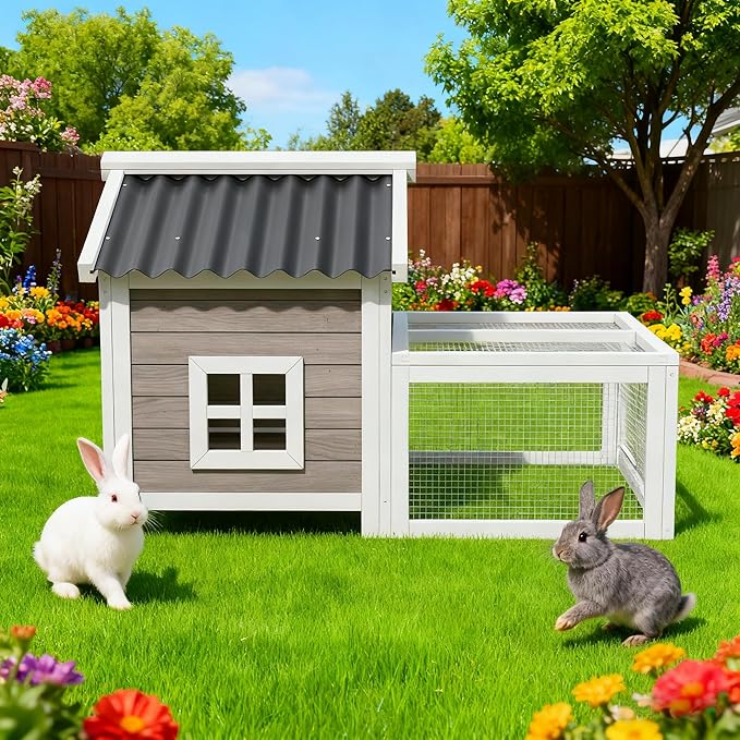 Wooden Rabbit Hutch Indoor and Outdoor,Chicken Coop,Bunny Cage Rabbit House with Waterproof Roof,Windows and Ventilation Door for Quails Ducks Guinea Pigs (White+Black)