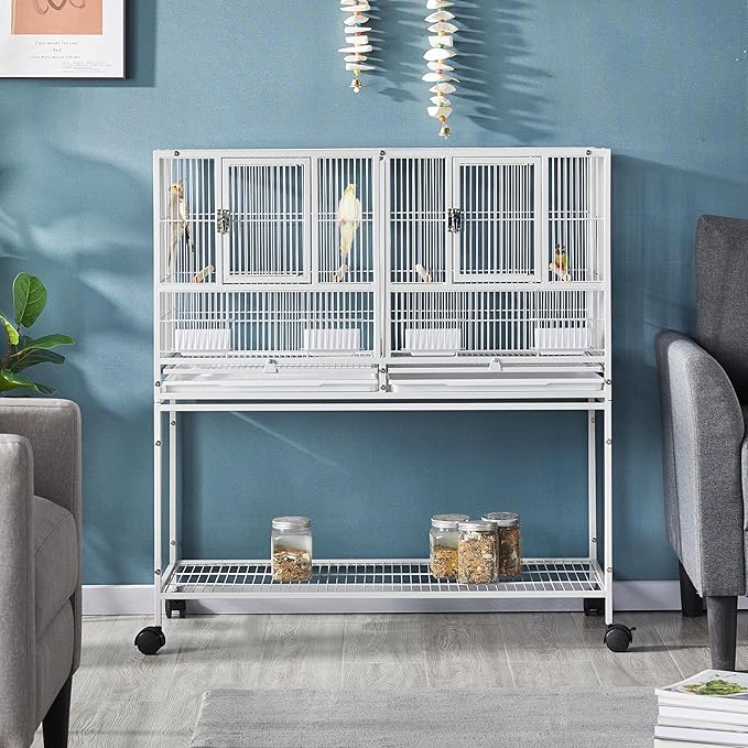 Yaheetech Stackable Divided Breeder Breeding Parakeet Bird Cage for Canaries Cockatiels Lovebirds Finches Budgies Small Parrots with Rolling Stand, White