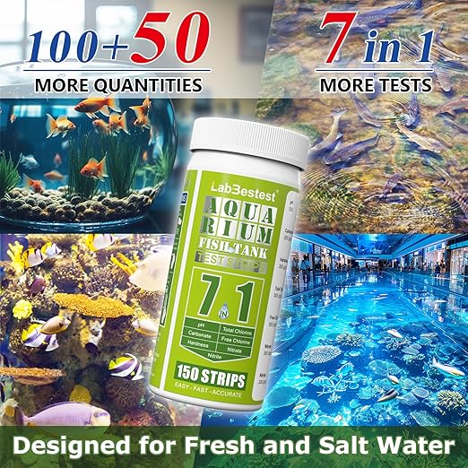 Aquarium Test Strips - Aquarium Water Test Kit - 150 Fish Tank Testing Strips for Freshwater - Pond Water Tester Kits - Rapid Accurate Easy to Test pH, Carbonate, Hardness, and More (7-Way)