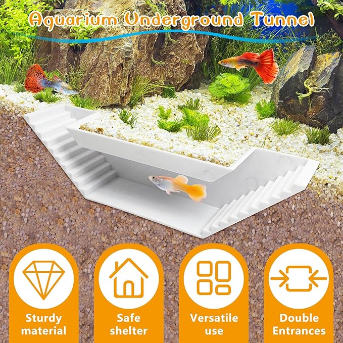 Aquarium Underground Tunnel Small Fish Cave Hideout with 2 Entrances Under Gravel Viewing Shrimp Tunnel Plastic Fish Tank Decoration (White)