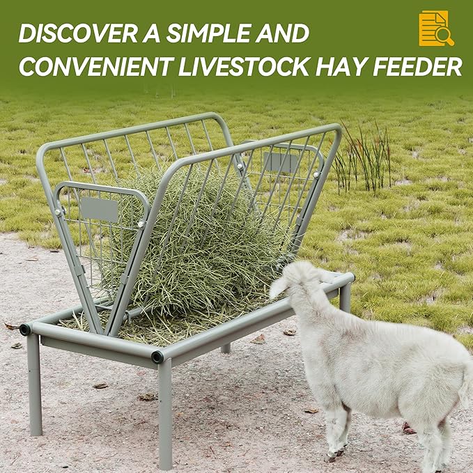 Kojem 4 Ft Long Livestock Feeder, Heavy Duty Steel Livestock 2 in 1 Grain & Hay Feeder, Outdoor Pasture Feeder with Feeding Pan for Goats, Sheep,Ponies, Cow, Horse for Farms, All Weather Feeder