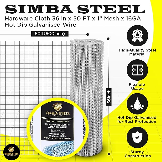 36” x 50 FT Hardware Cloth 1 inch Mesh 16 Gauge, Hot Dip Galvanised Wire Mesh, Rust Proof, Welded Cage Wire Rolls for Garden, Fence, Chicken, Rabbit, Pet Enclosures