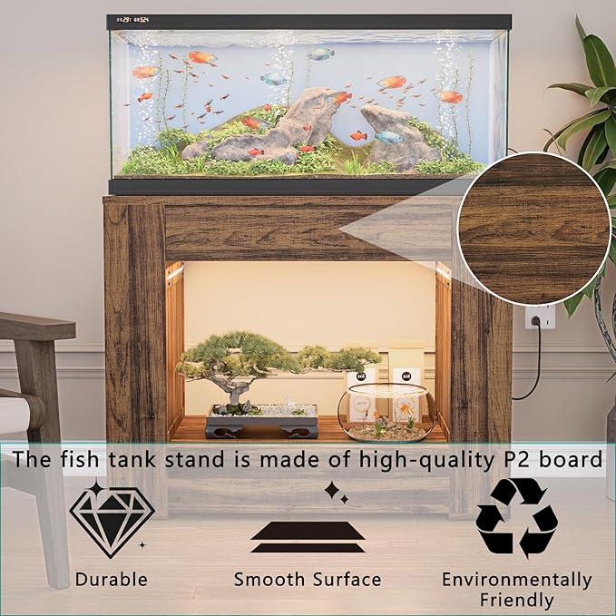 40-50 Gallon Aquarium Stand with Power Outlet,Led Light,Large Storage Drawer,Heavy Duty fish tank Stand for Turtle Tank, Turtle Reptile,Amphibians Terrarium,Rustic Brown